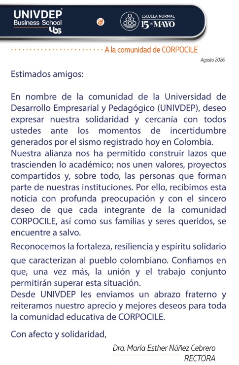 Carta institucional de la Rectora de UNIVDEP dirigida a la comunidad CORPOCILE, agosto de 2026